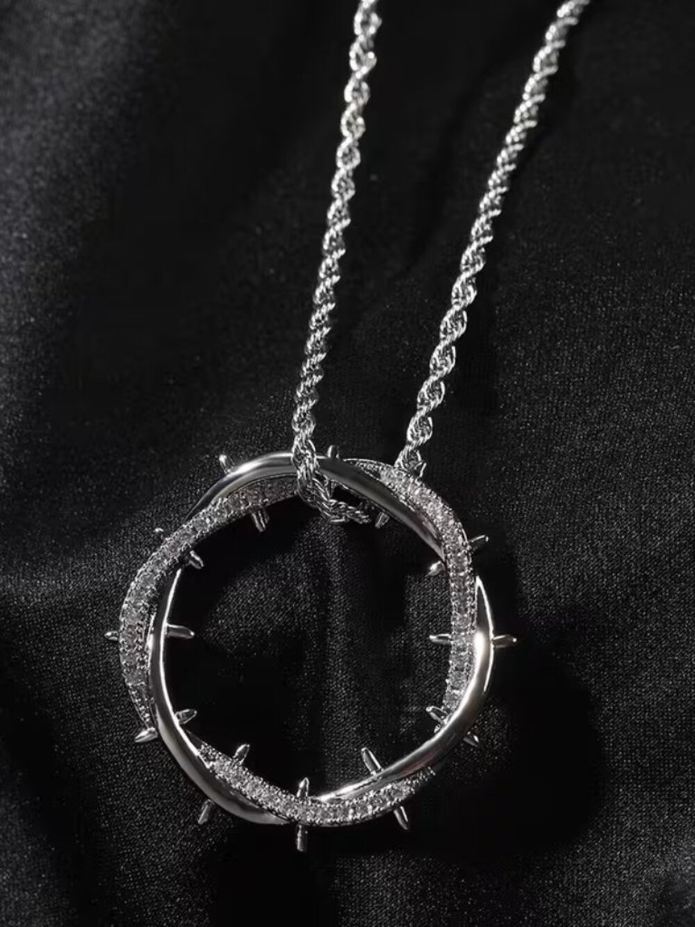 Silver Jesus Crown of Thorns Pendant Necklace Christian Faith Cross Chain Charm